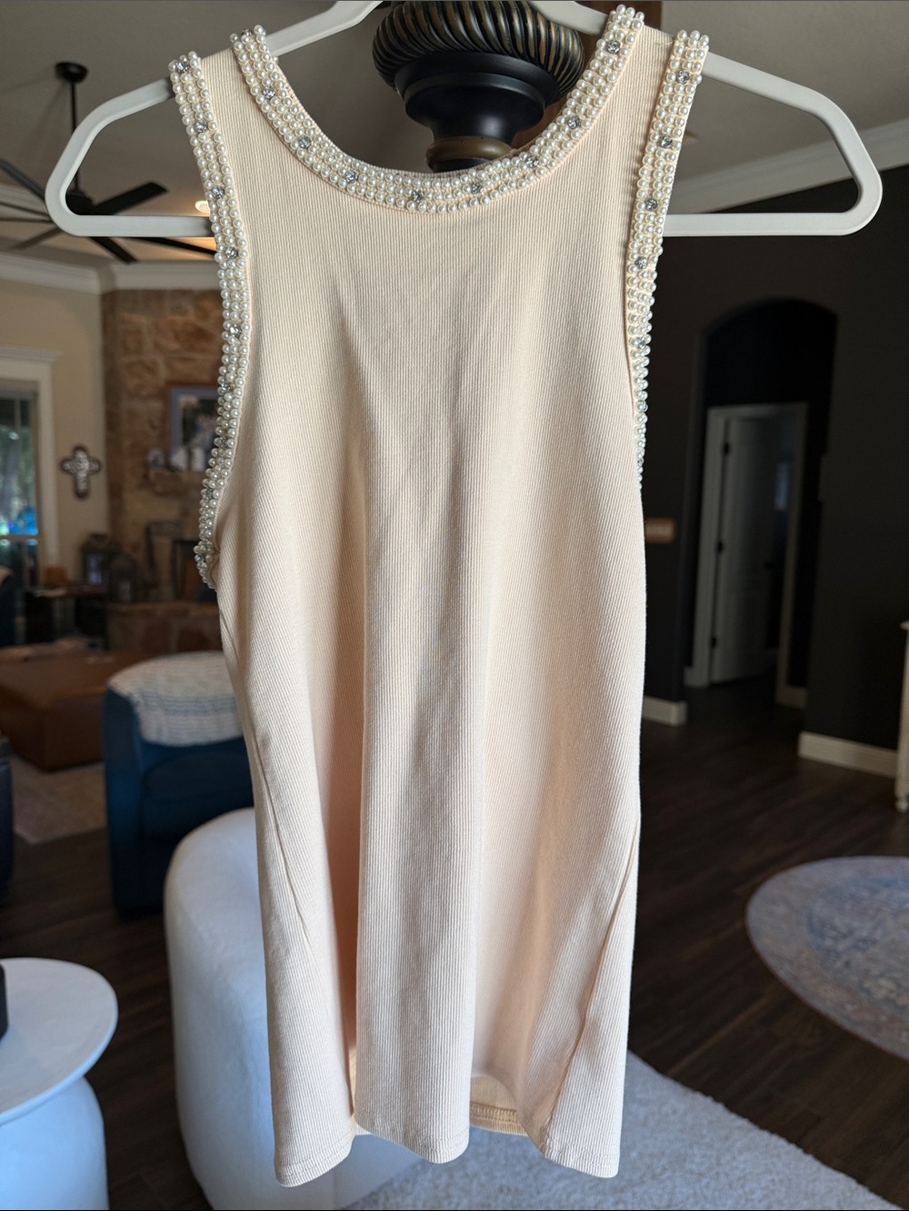Pearl-Embellished Sleeveless Mini Dress in Cream